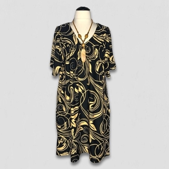Vintage Anthony Richards Cottage Dress Floral Stretch Black/Yellow sz 3X - Picture 1 of 13